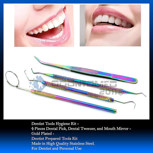 Multi Color Rainbow Dental Hygiene Set - 4pcs Basic Dental Instruments, Stainless Steel Tools for Personal Use & Pets