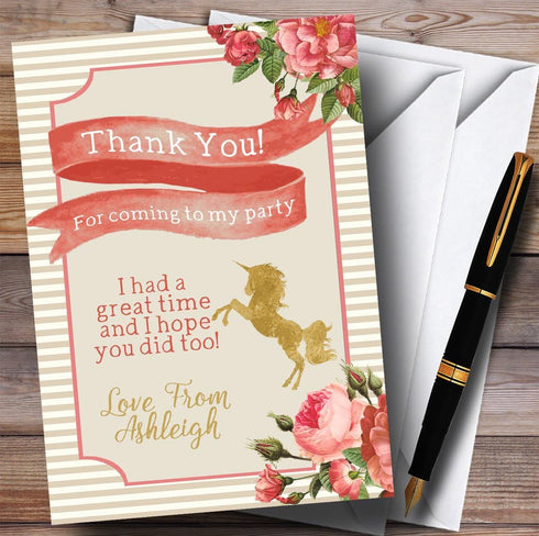 The Card Zoo Stripy Floral Pink Gold Unicorn Party Thank You Cards