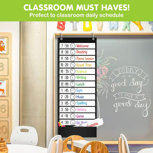 EAMAY Teacher Daily Schedule Pocket Chart, Black Classroom Chart with 18 Reusable Custom Cards