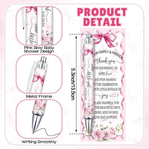 Sayglossy 50 Sets Pink Baby Shower Pens with Thank You Cards Baby Shower Favors for Guests Pink Bow Ballpoint Pens Bulk