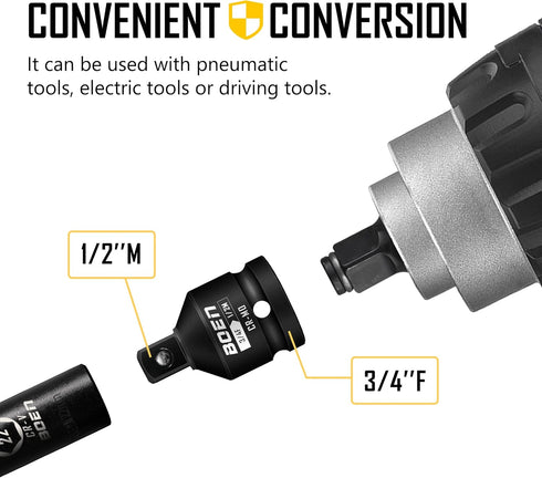 BOEN Impact Socket Adapter, 3/4"F to 1/2"M, Cr-Mo Steel Socket Adapter Set for Impact Driver Conversions