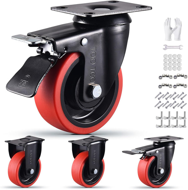 Heavy Duty 4 Inch Caster Wheels Set of 4, 2200Lbs Capacity Silent Swivel with Brake & Rigid TPR Rubber Wheels