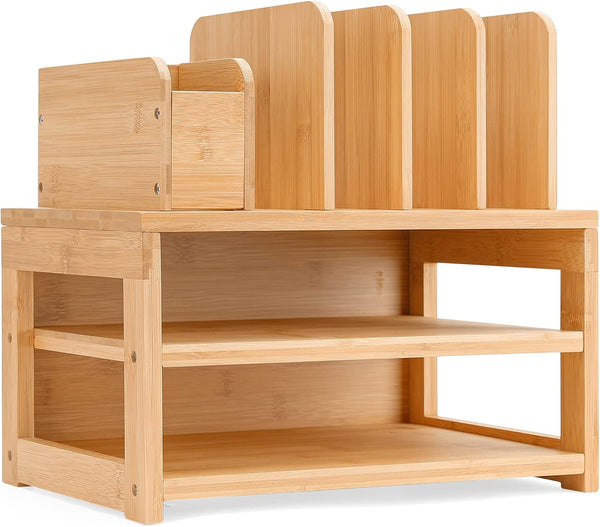 Homde Bamboo Desk Organizer with 3-Tier File Holder, Adjustable Pen Holder, Natural Desktop Storage for Office Home