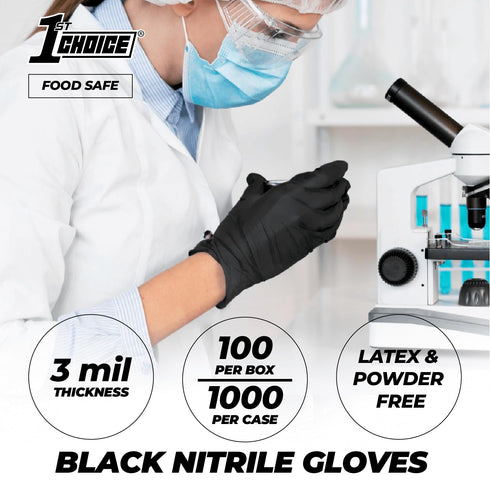 1st Choice Black Nitrile Gloves, Box of XL Disposable Latex Free Exam Grade Black Gloves, 3mil