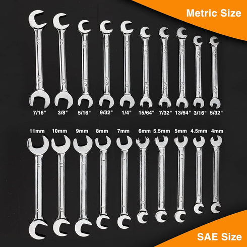 Mini Double Open End Wrench Set, 20 Pcs Metric and SAE 4-11mm & 5/32" to 7/16" Super Thin Spanner with Storage Pouches
