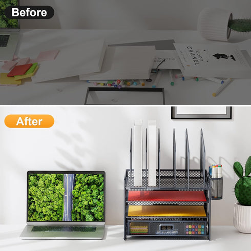Marbrasse Desk Organizers, 4-Tier Mesh File Organizer with 5 Vertical File Holders and 2 Pen Holders