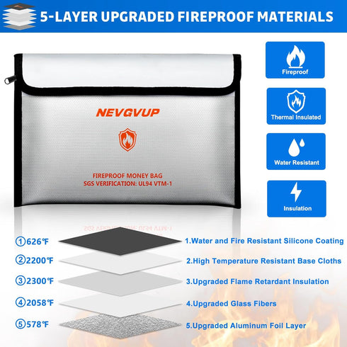 4200F 9.8 6.5" Set Fireproof Money Bag - Heat Insulated, x Small Fireproof Document Bags with Waterproof Zipper, Fire