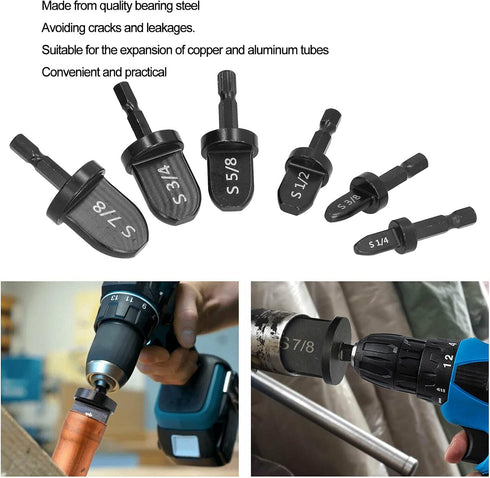 6PCs Swaging Tool Drill Bit Set - Copper Aluminum Pipes Expansion Tube Expander for HVAC Maintenance