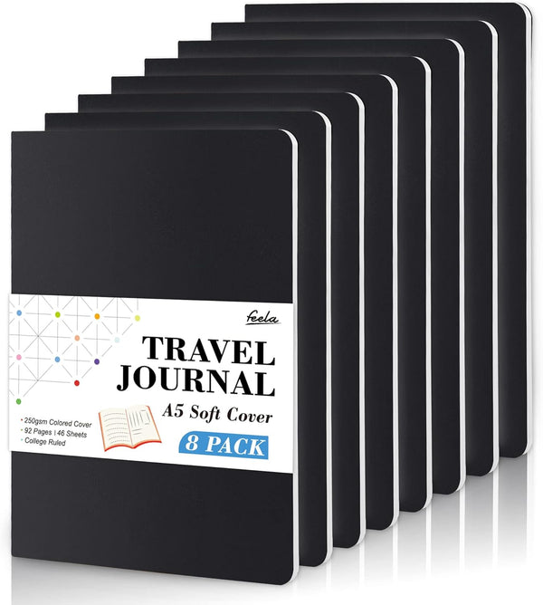 Feela 8 Pack Soft Cover Journal Bulk - Notebooks College Ruled for Work, Lined Travel Journal for Women Men
