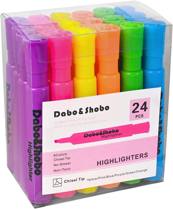 Dabo & Shobo Highlighters Set of 24 - Colored Markers with Liquid Ink, Fast Drying for Classroom, Office, and Shop Use.