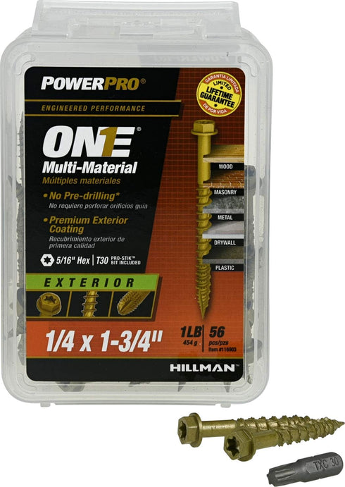 Power Pro Premium One Multi-Material Hex Washer Head Screws, Epoxy Coated Steel, ¼ x 1-¾ inches, Box of 56