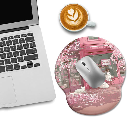 Cat Ergonomic Mouse Pad with Wrist Rest, Pink Cherry Blossom Design, Non-Slip Pain Relief Base, Cute Office Decor