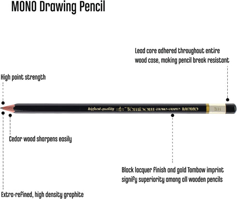 Tombow MONO 3H Drawing Pencil, Graphite, 12-Pack