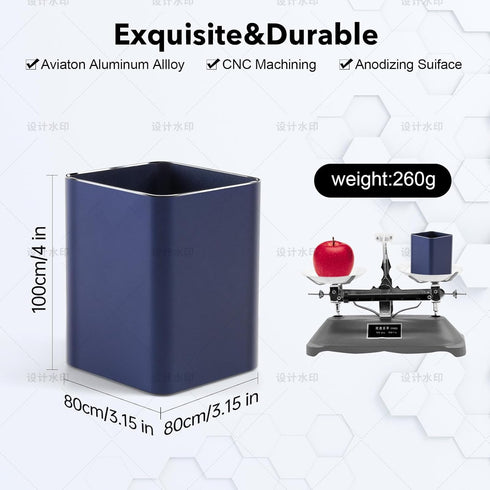 Metal Pen Holder for Desk, Square Aluminum Desktop Organizer, Makeup Brush Holder, Non-slip Silicone, 4×3.15inch, Blue