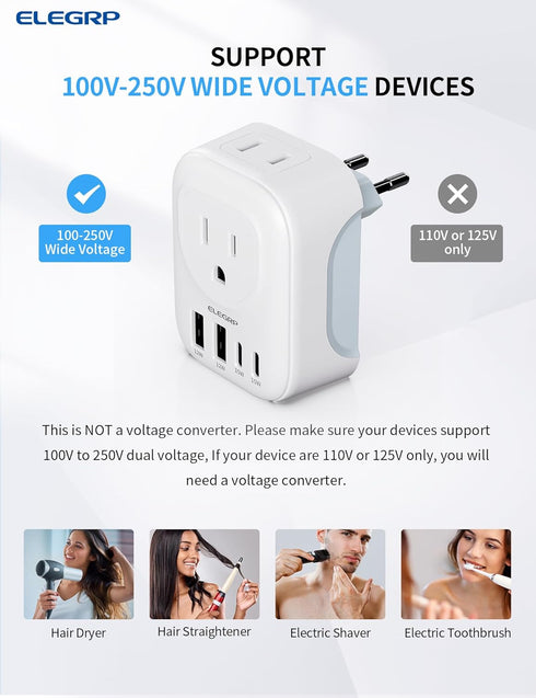 ELEGRP US to Europe Travel Plug Adapter, 2 USB-A & 2 USB-C Ports, Type C Adapters for Spain, Italy, France, 1 Pack