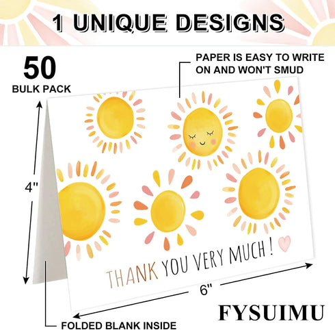 50 Pack FYSUIMU Watercolor Sun Thank You Cards Boxed Sunshine Note Cards with Envelopes Stickers Greeting Blank Card