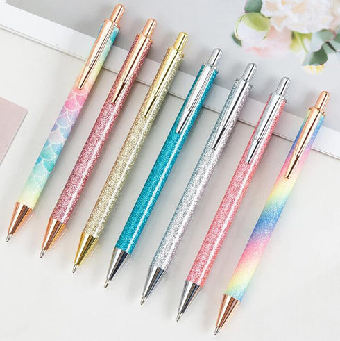 Gullor 6 Pieces Glitter Metal Black Ink Retractable Ballpoint Pen - Bling Rose Gold Clip for Office