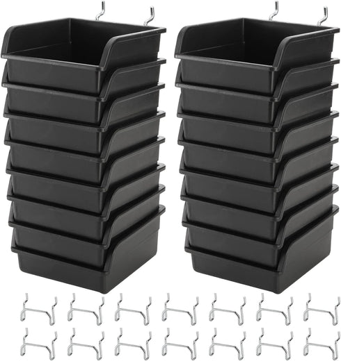 Foraineam 16 Pack Pegboard Bins with Metal Hooks, Black Garage Workbench Accessories Kit for Tools Organizer