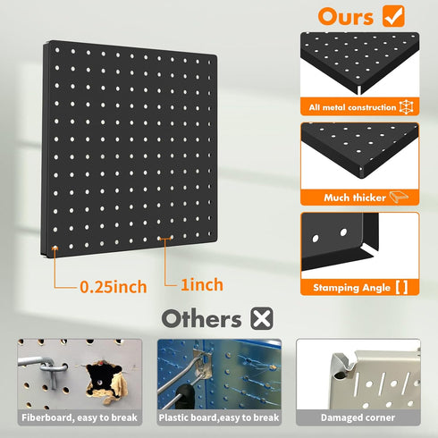 Peg Board, 6PCS Heavy Duty Metal Pegboard Wall Organizer with Frame, Black Pegboard for Garage, Craft Room Organization