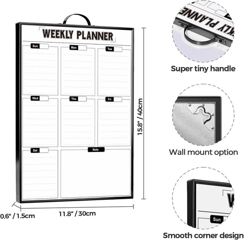 Weekly Planner Dry Erase Calendar, 16"x12" Aluminum Frame Whiteboard for Office To Do List & Meal Planner