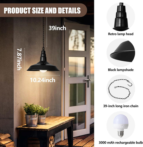 HOJOYRI 1 Pack Black Battery Operated Hanging Outdoor Chandelier, Rechargeable Portable Wireless Pendant Lights