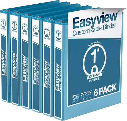 EasyView Premium 1-Inch Binders with Clear-View Covers, 3-Ring Binders for School, Office, Pack of 6, Turquoise