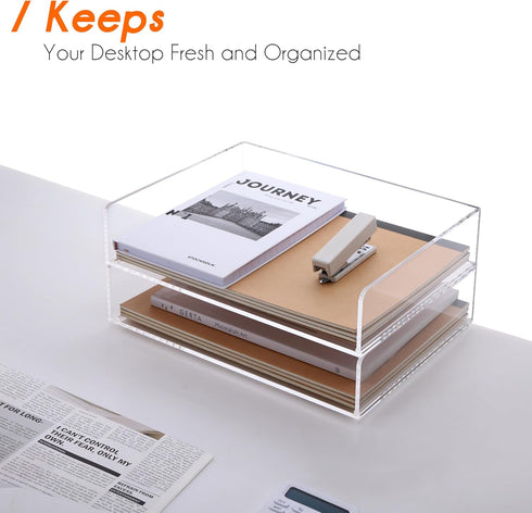 Paper Letter Tray Organizer, Acrylic Stackable Desk Organizer for Office Supplies, 2 Tier Clear Tray for Files and
