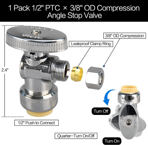 1/2/5/10/20pcs Stop Valves, 1/2" 3/8" Angle Stop Valve, 1/2" PTC Input, 3/8" OD Compression Output, Push to Connect, 1/4 Turn, Chrome Plated Brass for Faucet, Toilet Valves, No Lead (2pcs Angle) by PXZBLG