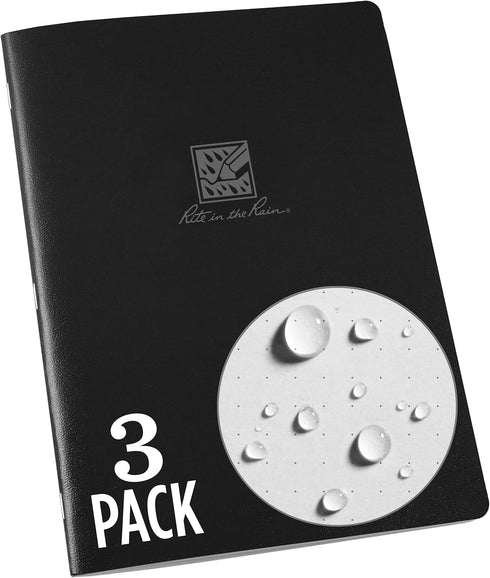 Rite in the Rain Single LG Stapled Notebook, 6.625" x 8.5", Black Cover, Dot Grid Pattern, 3 Pack (No. 771DG-LGL3)