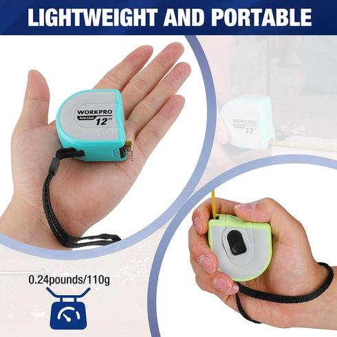 WORKPRO Mini Tape Measure, 3 Pcs 12FT Auto-Lock Easy Reading Tape Measurement, Pocket Size for Engineer, Lightweight