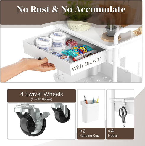 Rolling Utility Cart with Drawer, 3 Tier Storage Organizer with Lockable Wheels for Kitchen, Bathroom, Office