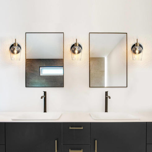 1-Light Durent Lighting Gold Glass Wall Sconce, Modern Black Bathroom Wall Lamp