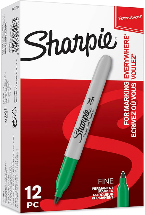 Sharpie Permanent Markers, Fine Point, Green, 12 Count