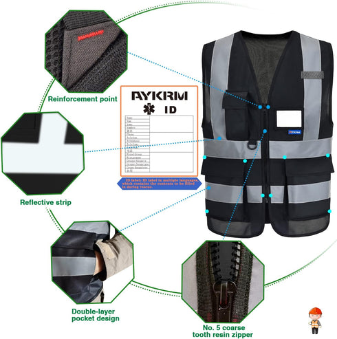 7 Reflective Security Safety Vests Heavy Duty with Pockets and Front Zipper