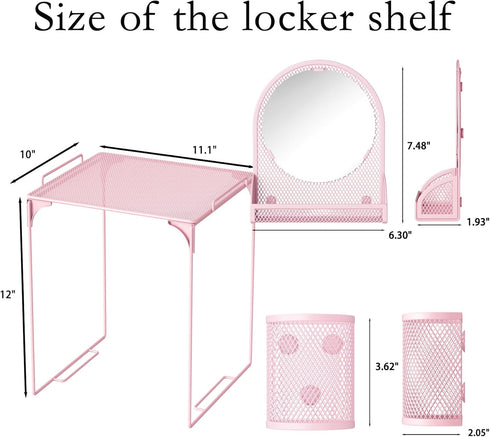 Locker Shelf with Locker Mirror Magnetic & 2 Magnetic Pen Cups, Organizer for Work, Mesh Metal Locker Accessories Kit
