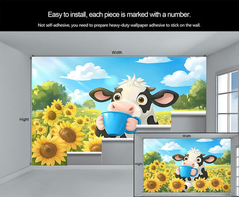 FELIAOQ Cartoon Dairy Cow Mural Wallpaper, Cute Dairy Cow Murals, Sunflower Flowers Murals, Wallpaper for Living Room