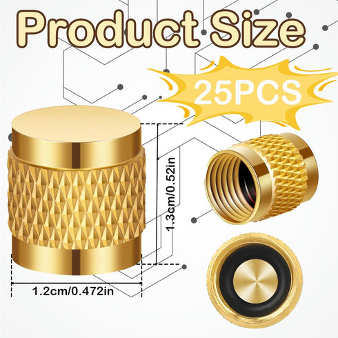 1/4'' Flare Cap, Round Brass HVAC Locking Caps with Neoprene O-Ring Seal, AC Service Valve Caps (25 Pcs)