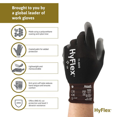 HyFlex 11-600 Multi-Purpose Light Duty Industrial Gloves, Palm Coating for Metal Fabrication, Size 9, Black