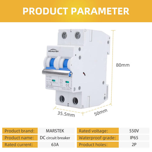 Circuit Breaker, DC Circuit Breaker 2 Pole 500v 63 Amp for Solar PV System, Din Rail Mount DC Breaker