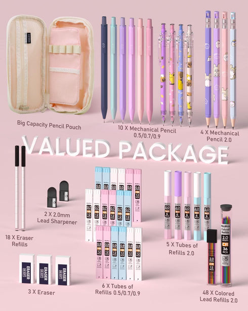 Nicpro 47PCS Aesthetic School Supplies in Big Capacity Pen Case, Cute Pastel Mechanical Pencils 0.5, 0.7, 0.9 & 2mm Lead