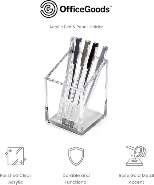 OfficeGoods Acrylic Pen & Pencil Holder - Modern Desk Organizer with Trapezoid Design - Silver Contrasting Metal Base