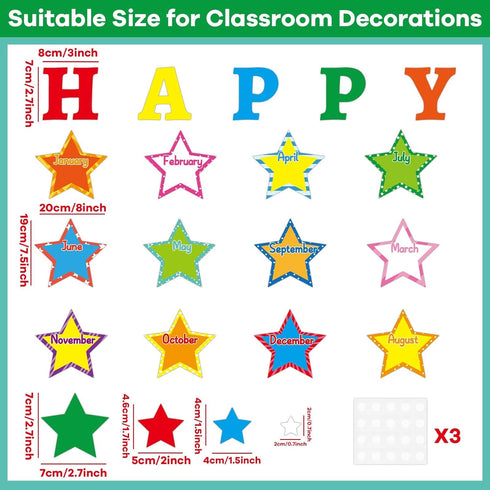 Happy Birthday Bulletin Board Set, Glitter Star Decorations with Confetti Cutouts for Classroom Birthday Calendar