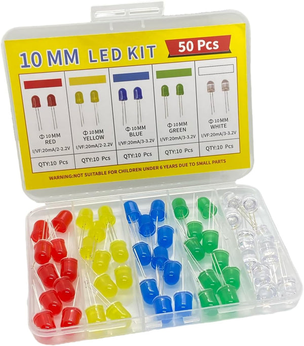 ProCircFix 50Pcs 10mm LED Diode Kit, Red Yellow Blue Green White 10Pcs Each,