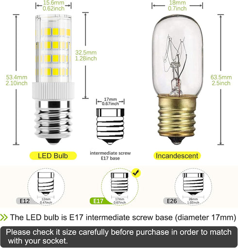 DiCUNO E17 LED Bulb, Appliance Bulbs, Microwave Oven, Stovetop Light, 4W 400lm, Daylight White 6000K, Non-dimmable 40w Equivalent Replacement for Incandescent Bulb, 2-Pack by DiCUNO