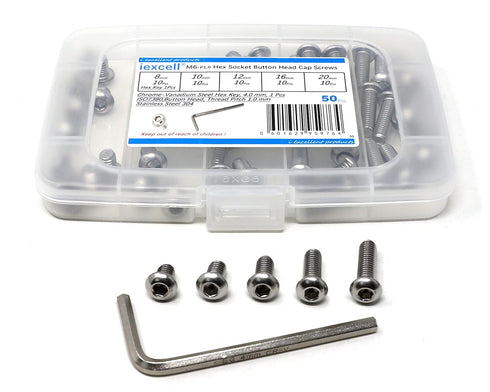 iexcell 50 Pcs Stainless Steel 304 Hex Socket Button Head Cap Screws Bolts Assortment Kit, M6 x 8/10/12/16/20, 1.0 mm