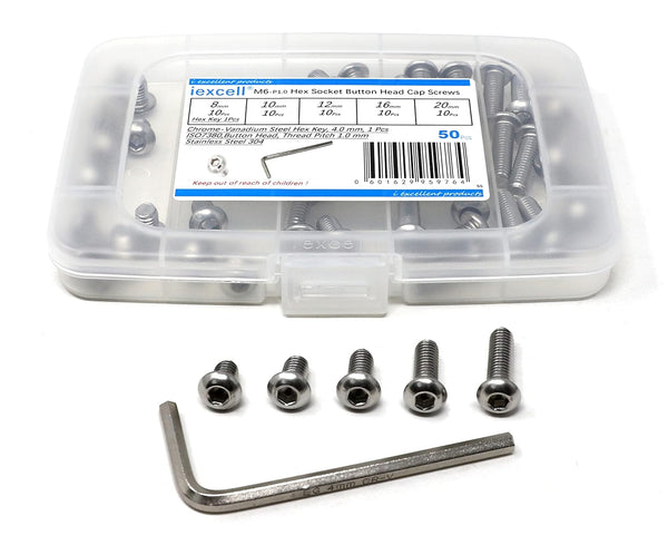 iexcell 50 Pcs Stainless Steel 304 Hex Socket Button Head Cap Screws Bolts Assortment Kit, M6 x 8/10/12/16/20, 1.0 mm