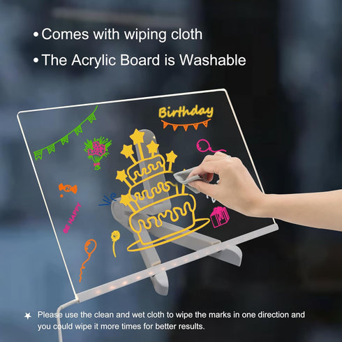 GraduationMall Acrylic Dry Erase Board with Light, 11.8 X 7.9 LED Note Message Glass Board with Stand for Kids
