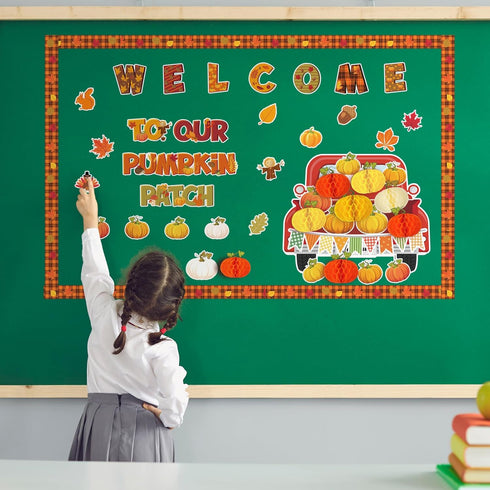 Qilery 98 Pieces Fall Classroom Bulletin Board Decorations, Red Truck Maple Leaves Pumpkin Cutouts for Autumn Decor