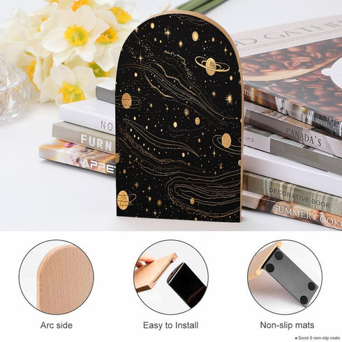 FodPand Gold and Silver Space Themed Wood Bookends Decorative Non-Slip Bookends Heavy Duty Book Ends Modern Book Ends