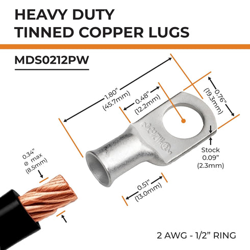 SELTERM 10pcs 2 AWG-1/2 Stud Tinned Copper Wire Lugs - Heavy Duty Battery Cable Ends, UL Battery Lugs